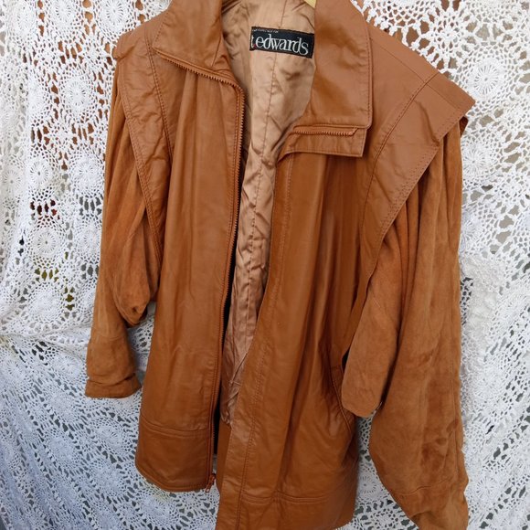 Vintage 80s T Edwards Leather Jacket Flare Shoulders Pockets Lined Cognic - Picture 9 of 10